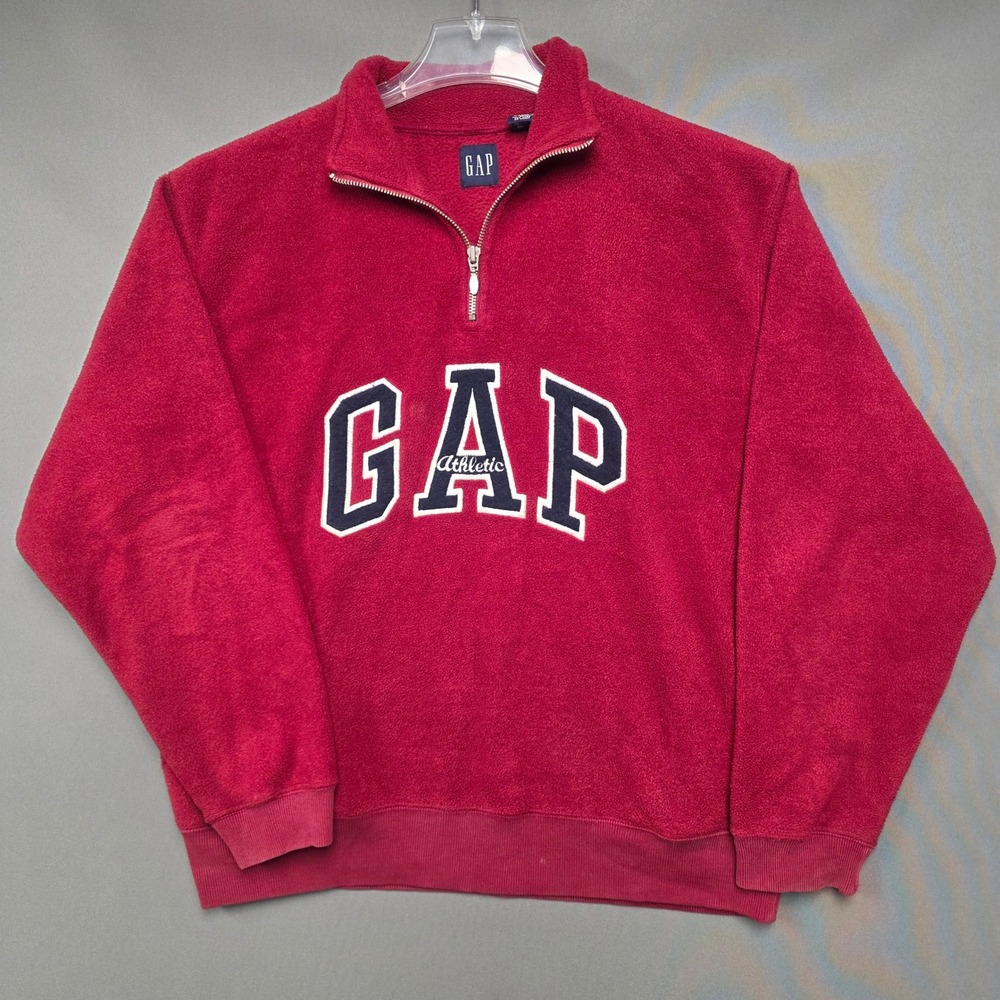 Vintage Gap Athletic Fleece Quarter Zip Pullover Red Navy Logo XS